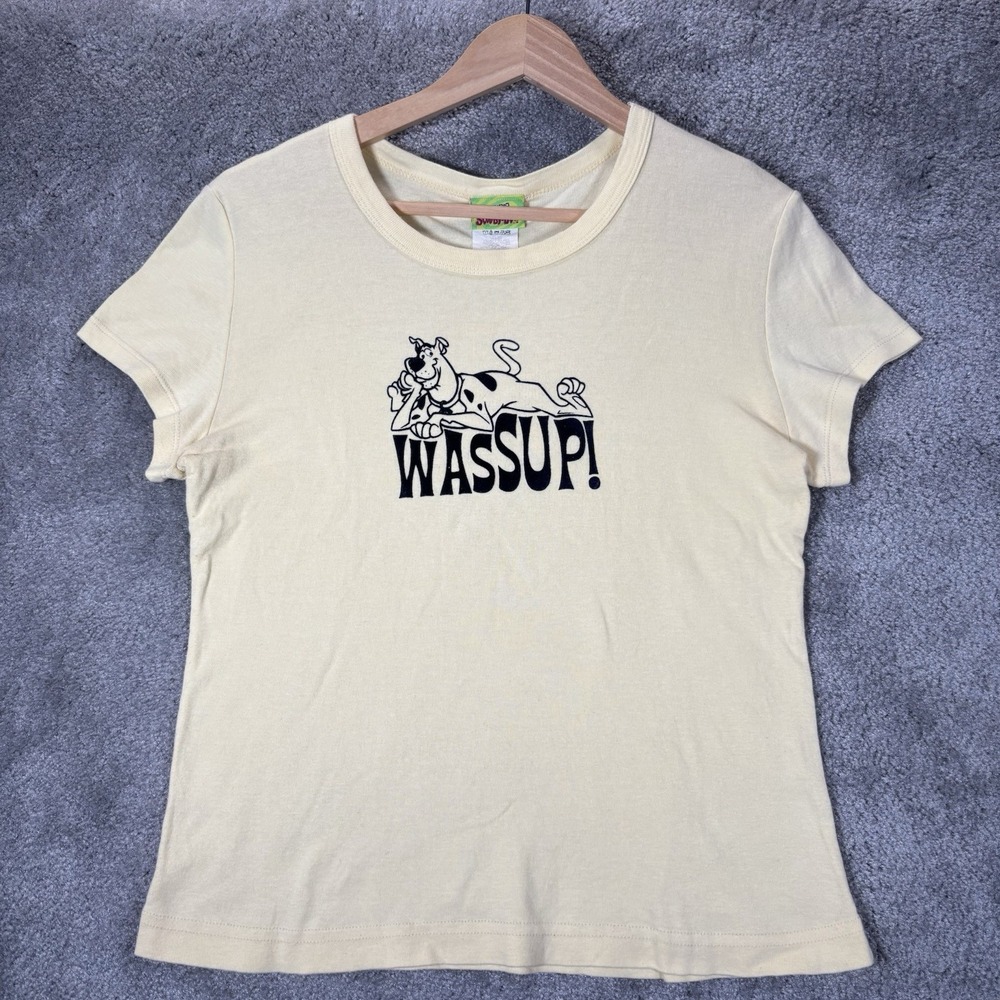 Vintage Scooby Doo T Shirt Womens XL Yellow Graphic Wassup Baby Tee Fitted 2000
